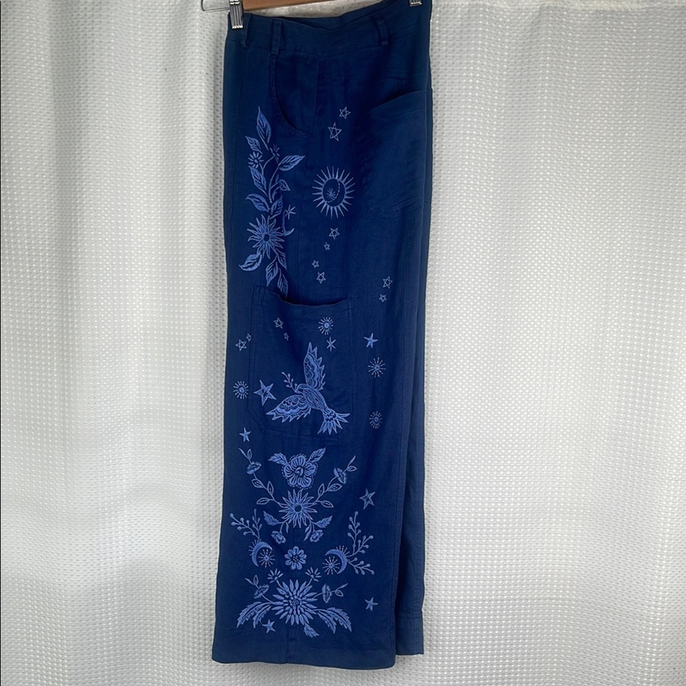 Johnny Was JW Los Angeles Oleander Linen Wide Leg Cropped Pants Embroidered Sz 6 - Picture 4 of 14